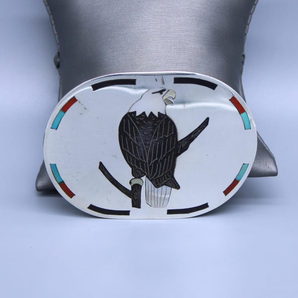 Derrick And Niichelle Edaakie Sterling Silver Chip Inlay Eagle Belt Buckle