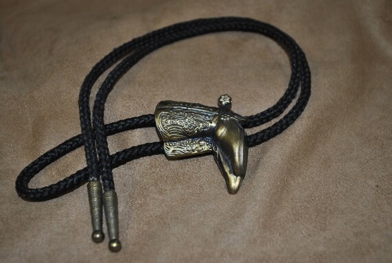 Brass Cowboy Boots Bolo on Black Cloth Cord + - image 2