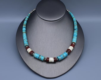 Turquoise, Pipestone, and Shell Graduated Heishi 19" Necklace
