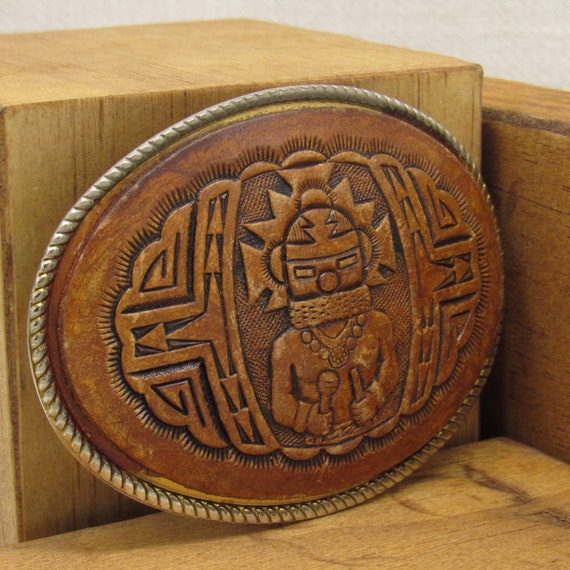 Large Oval Leather Kachina Belt Buckle + - image 2