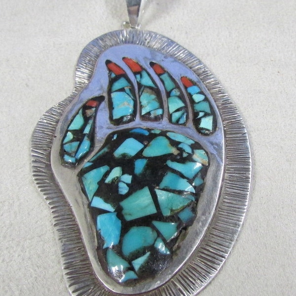 Sterling Silver Badger Paw Pendant with Chip Inlay Turquoise +