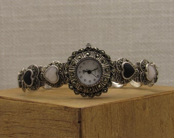Sterling Silver Watch Band with Mother of Pearl and Black Onyx Hearts and Marcasite +