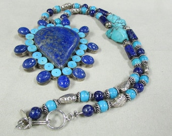 Lapis, Turquoise and Sterling Silver Necklace +