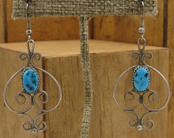 Signed FY Turquoise and Sterling Silver Dangle Wire Earrings +