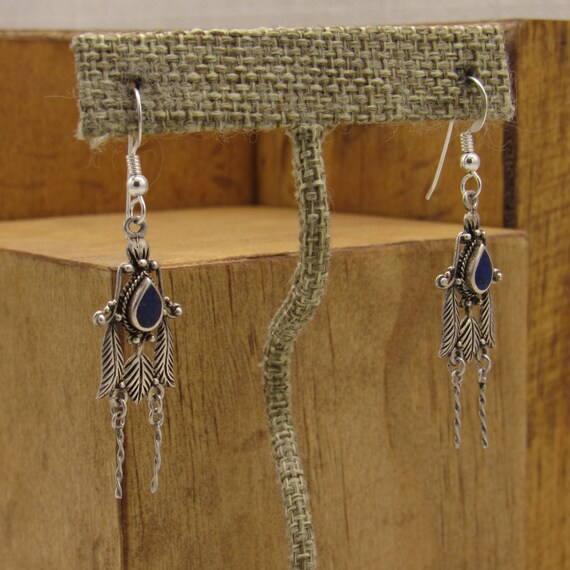 Sterling Silver and Lapis Dangle Wire Earrings + - image 2