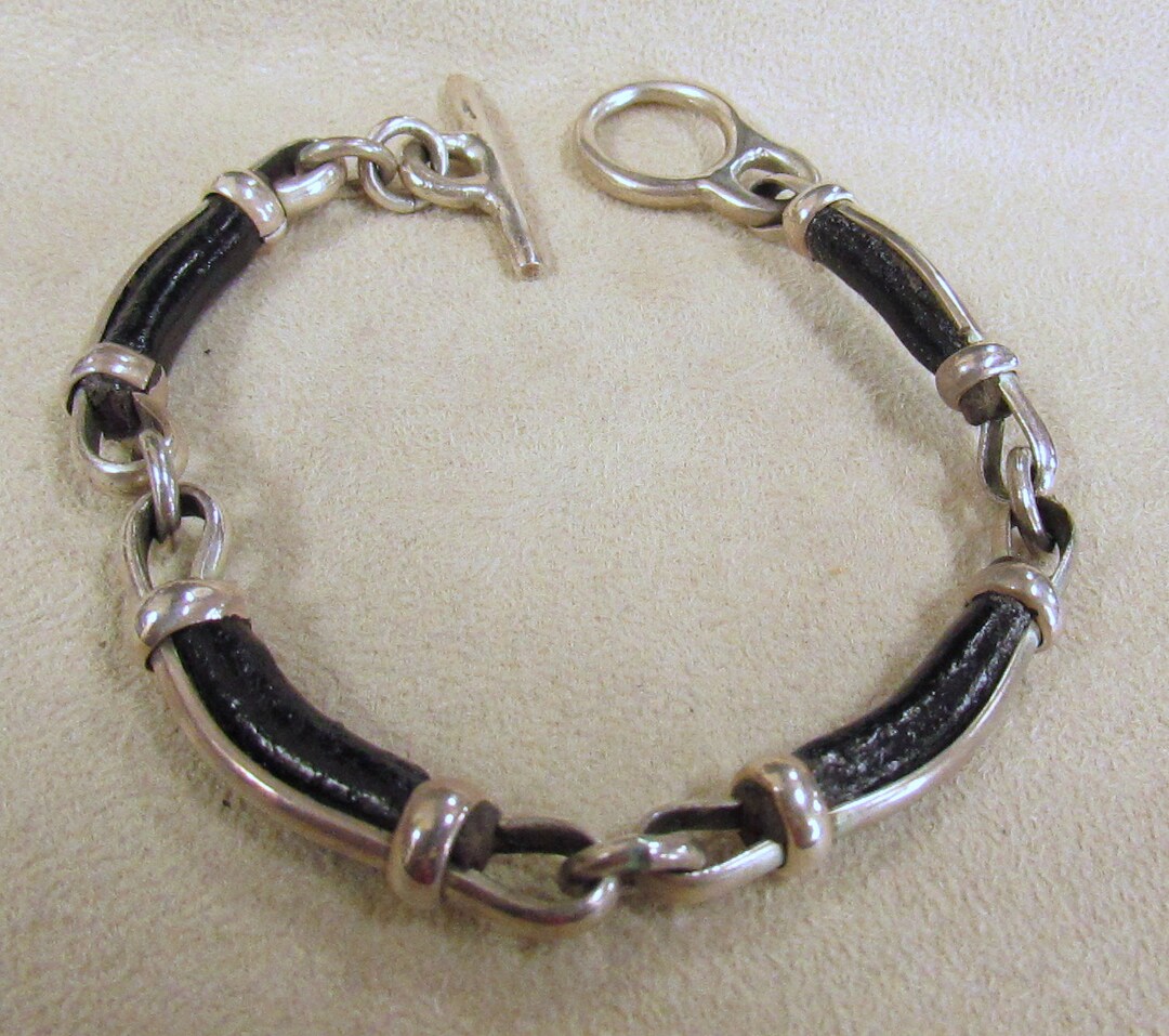 Sterling Silver and Leather Link Toggle Bracelet + - Etsy