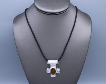 Sterling Silver and Oval Amber Cross Pendant Necklace with Tube Bail