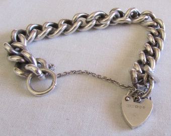 Heavy Sterling Silver Link Toggle Bracelet with Heart Charm +