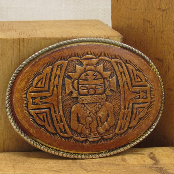 Large Oval Leather Kachina Belt Buckle + - image 1