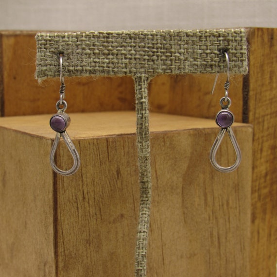 Sterling Silver and Amethyst Cab Dangle Wire Earr… - image 1