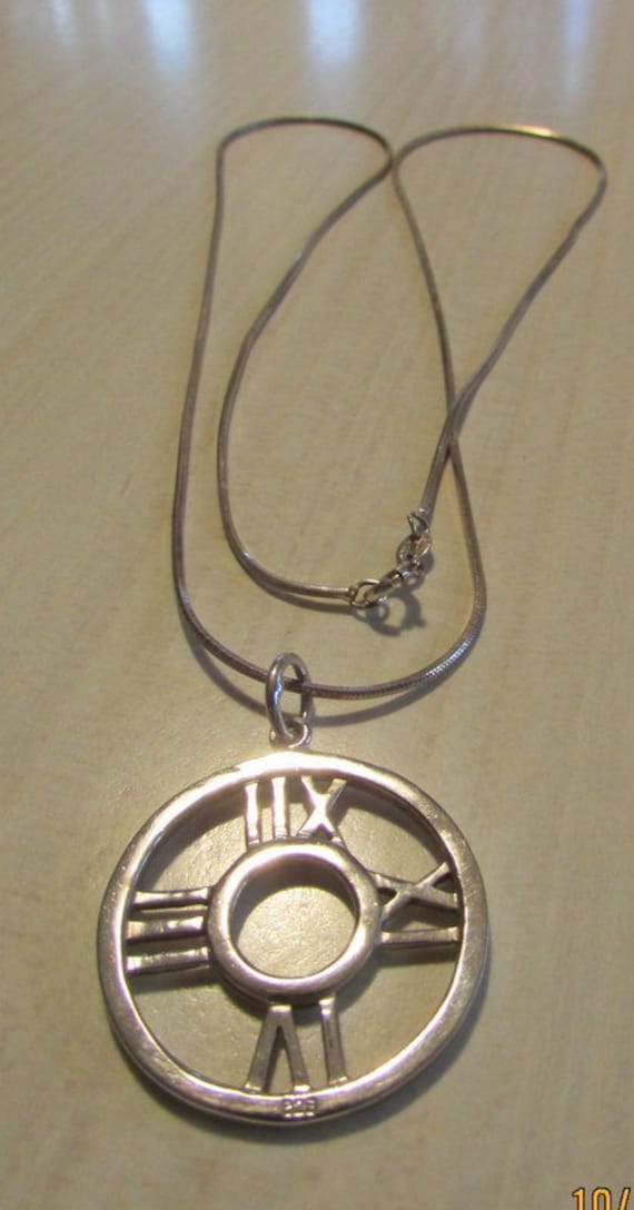 Roman Numeral Clock Face Silver Pendant and Chain 