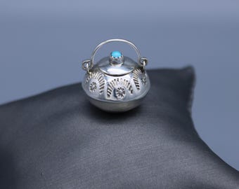 Miniature Sterling Silver and Turquoise Decorative Pot