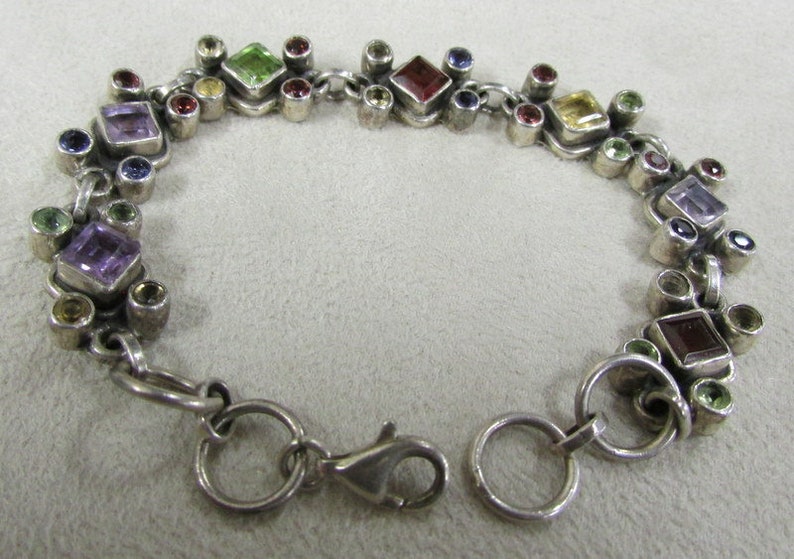 Sterling Silver Link Bracelet with Faceted Stones