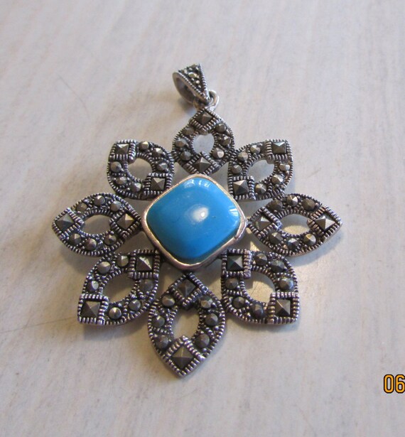 Sterling Silver Marcasite and Faux Turquoise Pend… - image 5
