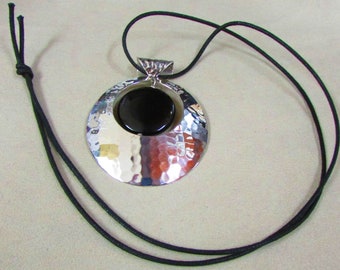 Large Hammered Sterling Silver and Black Bead Pendant +