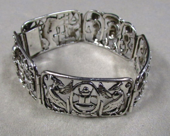 Sterling Silver Link Bracelet with Egyptian Desig… - image 1