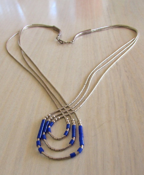 Sterling Liquid Silver and Block Lapis Woven Necklace  16" +