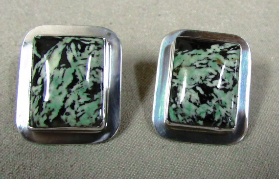 Sterling Silver and Green Rectangular Stone Post E