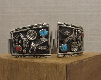 Navajo Style Sterling Silver Coral and Turquoise Watch Band +
