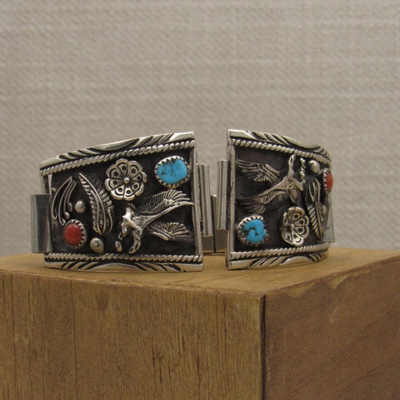 Navajo Style Sterling Silver Coral and Turquoise … - image 1