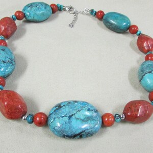 Chunky Turquoise and Apple Coral Bead Necklace +