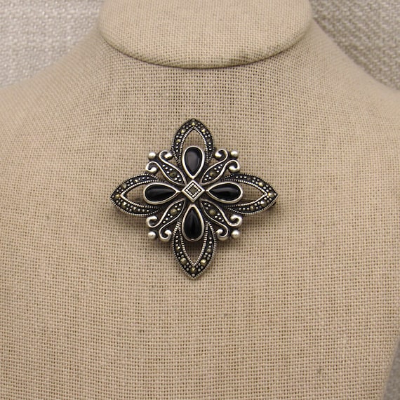 Pretty Sterling Silver Black Onyx and Marcasite P… - image 1