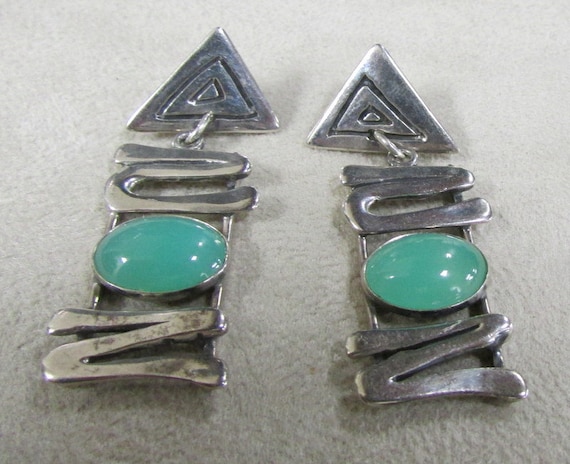 Sterling Silver and Green Stone Dangle Post Earrin