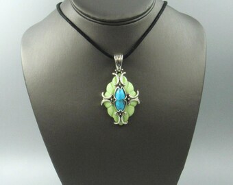 Vintage Sterling Silver Turquoise and Lime Green Stone Pendant Necklace by Carolyn Pollack