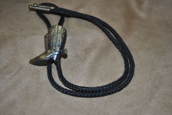 Brass Cowboy Boots Bolo on Black Cloth Cord + - image 1