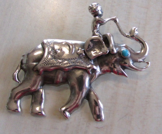 Sterling Silver and Elephant with Rider Pin with … - image 4