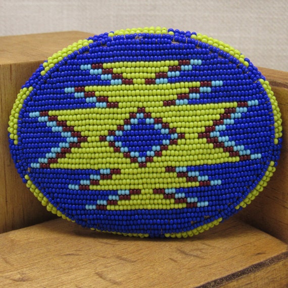 Bead Work Buckle in Lime Green and Blue +