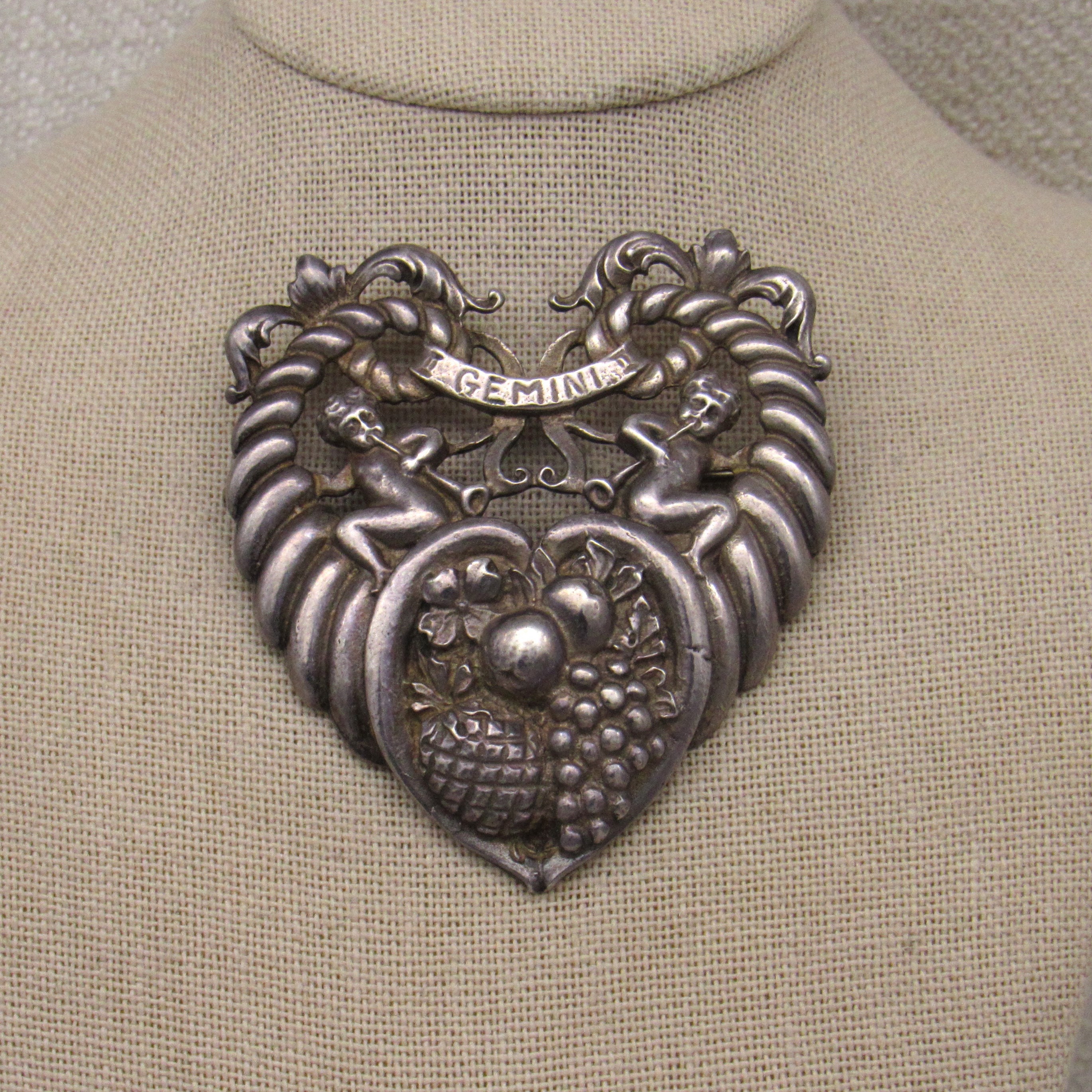 Vintage Sterling Silver Gemini Heart Pin + - Etsy Vintage Sterling Silver Gemini Heart Brooch Cherubs Signed by Guglielmo Cini main image 0