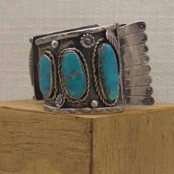 Southwest Men's Sterling Silver & Turquoise Watch… - image 2