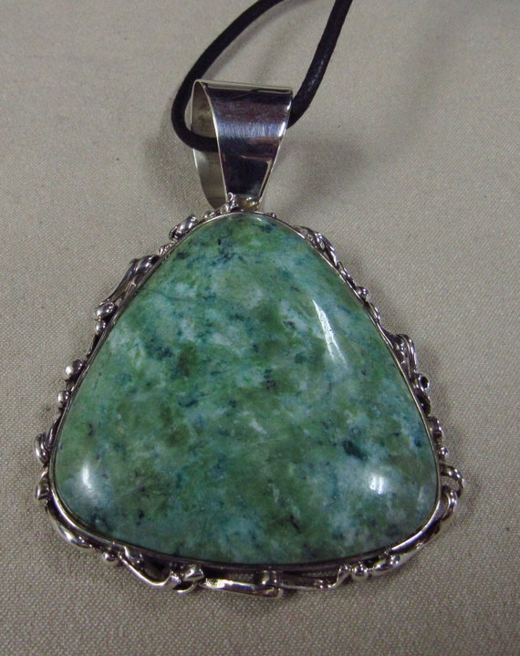 Large Triangle Green Stone Sterling Silver Pendant