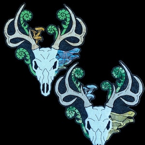 May include: Two white deer skulls with antlers, surrounded by green ferns and yellow mushrooms. The skulls are facing forward and have a detailed, intricate design.
