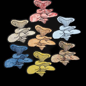 May include: Eight embroidered mushroom patches in various colours, including blue, yellow, orange, and pink. Each patch features a layered mushroom design with intricate details.