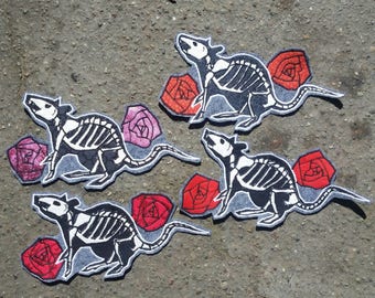 Skeleton Rat Silhouette with Roses Patch