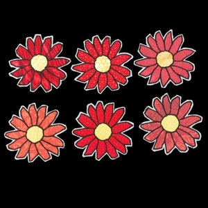 May include: Six red fabric flowers with yellow centers. The flowers are arranged in two rows of three. The flowers are all the same size and shape, but they have different shades of red.