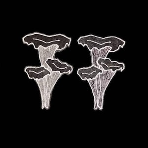 May include: Two white line drawings of mushrooms on a black background. The mushrooms are drawn in a simple, stylized way, with rounded caps and stems.