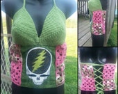 Patchwork and crochet grateful dead steal your face shirt with criss-cross back (made to order)