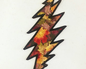 Autumn Grateful Dead Lightning Bolt patch with fall leaves