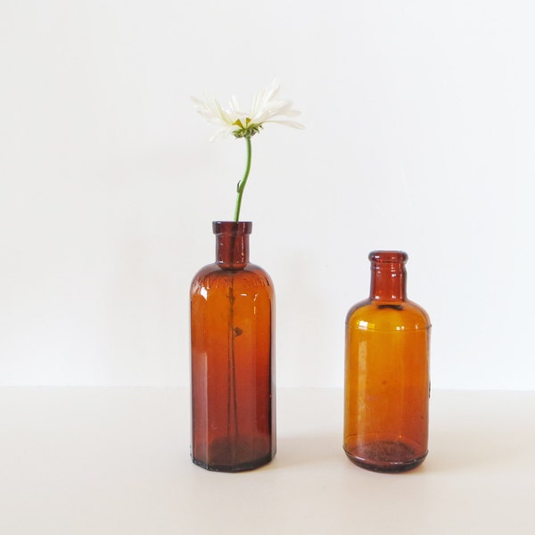 Vintage Amber Glass Bottles - Collectable Apothecary Bottles - Set of Two - Dark Glass Vases - French Decor