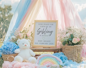 May include: A framed sign with the text "Hand picked for earth by my sibling in heaven" sits on a wooden stand. A white teddy bear, blue flowers, and a rainbow decoration are in front. Pink and blue fabric drapes in the background.