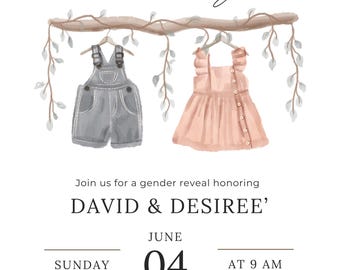 Gender Reveal Invitation- He or She, Baby Outfits