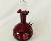 Vintage Crystal Cruet Red cut to clear Made in Romania Beautiful etched flowers leaves Clear applied handle and clear stopper ground