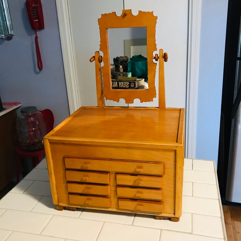 Vintage Folk Art Dresser Style Jewelry Box Hand Made Light Image 0