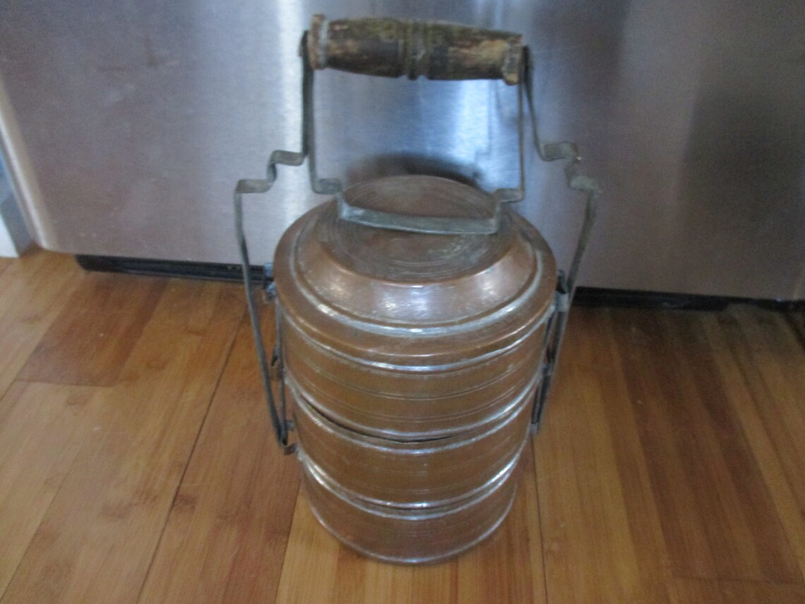 Vintage Copper Lunch Box 3 Section Round With Metal Rods That Etsy