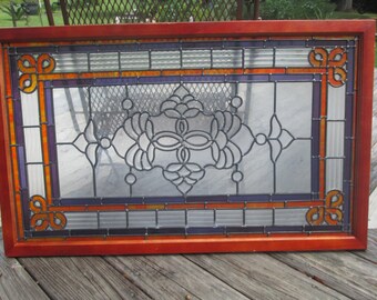 Beautiful Hand made Leaded Glass Window replacement or hanging framed Glass ribbed, beveled & colored purple and orange glass