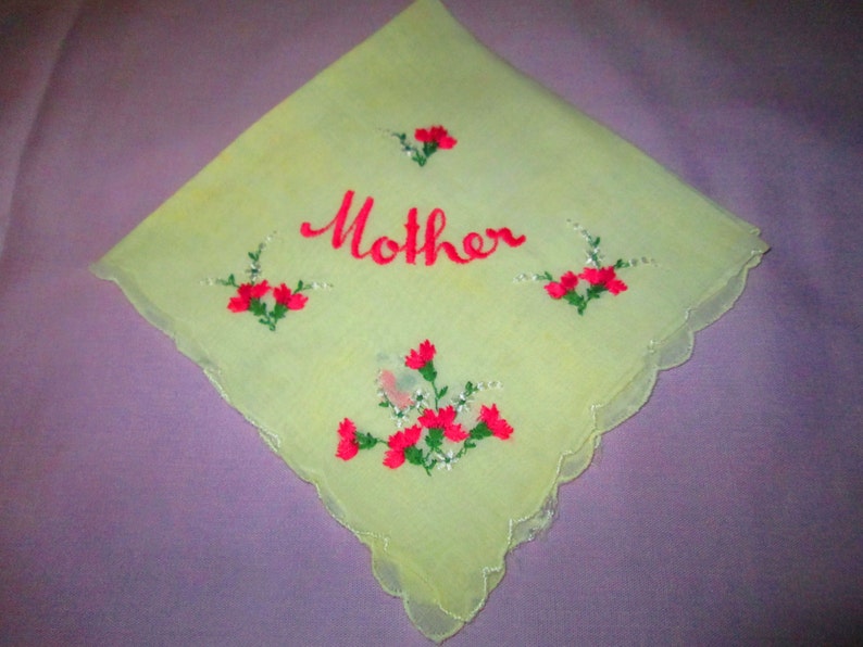 Vintage Bright Pink Ebroidered Mother hanky scalloped edge Embroidered Thistle Pink collectible scalloped edge shabby chic decor
