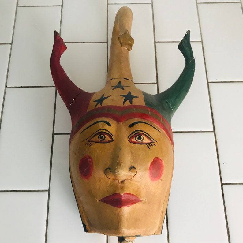 Antique shops folk art Jester's wooden hand made head collectible display farmhouse oddities curiosities unique home decor